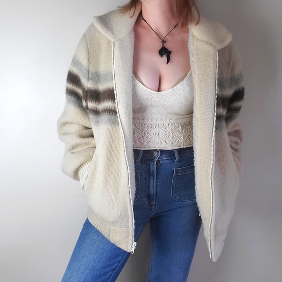 Vintage wool blend zip up striped oversized bomber jacket sherpa lined - Picture 3 of 14